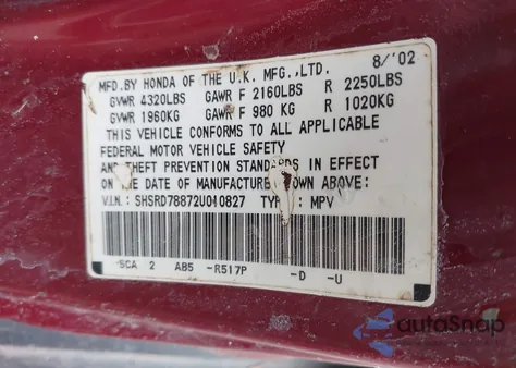 2002 Honda Cr-V Ex z USA, uszkodzony, nr VIN SHSRD78872U010827